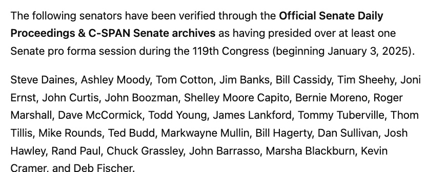 PeterBernegger's tweet photo. List of US Senators who have gaveled in a pro forma session for a few minutes - then closed it - for the express purpose of blocking President Trump:
source: @JoeDanMedia https://t.co/ehTMJv2xjd