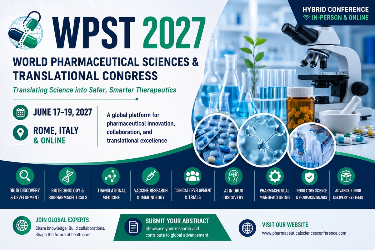 Pharma_Event's tweet photo. 🌍 Explore the Future of Pharmaceutical Innovation at WPST 2027!

📅 June 17–19, 2027
📍 Rome, Italy &amp; Online (Hybrid)

Connect with global experts in pharmaceutical sciences.

📄 Abstracts: https://t.co/cqeLG9m3xy

#WPST2027 #PharmaceuticalSciences #DrugDiscovery #Biotechnology https://t.co/PJ5mFSamft