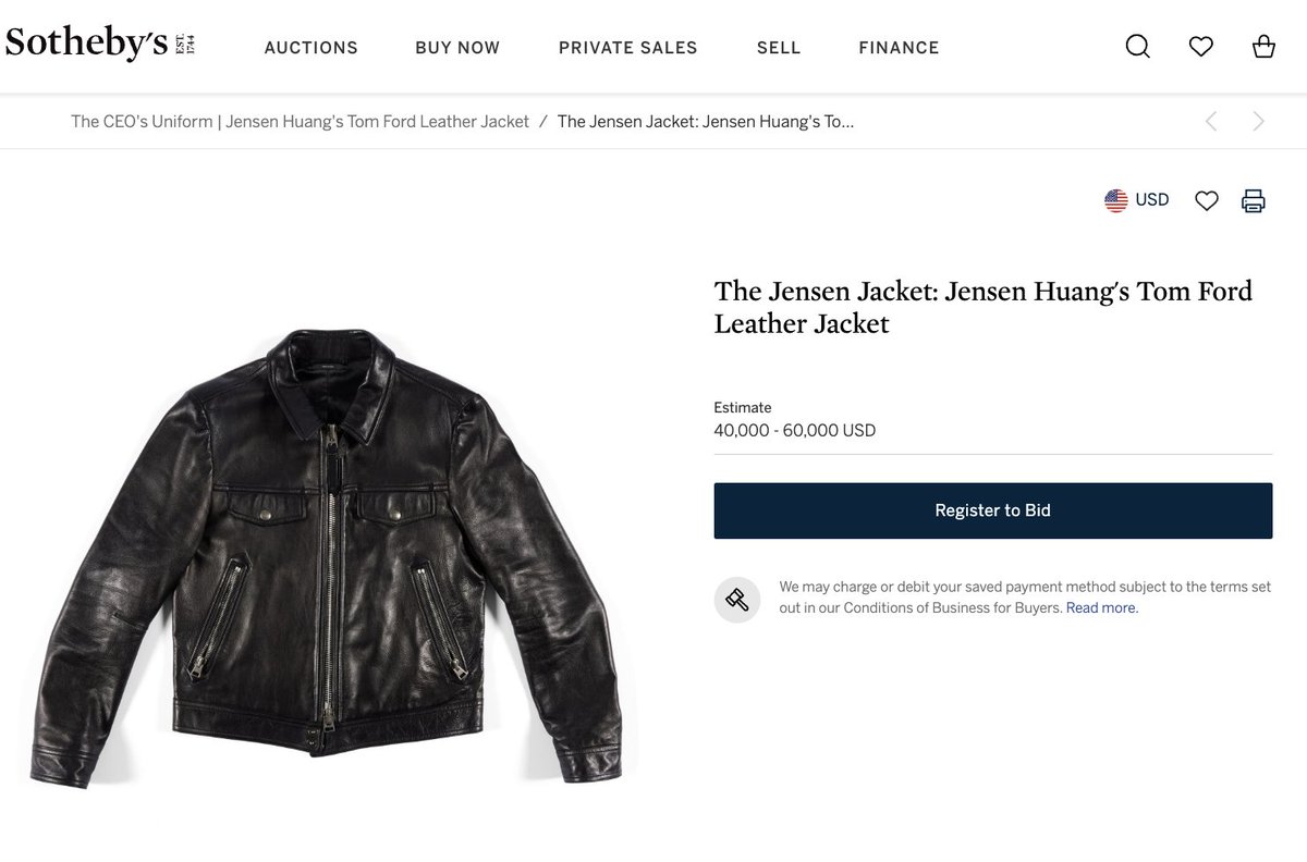StockMKTNewz's tweet photo. Nvidia CEO Jensen Huang's signed leather jacket is being auctioned off for charity by Sotheby's

The jacket is expected to go for between $40K - $60K https://t.co/oCu0ZkmFAv