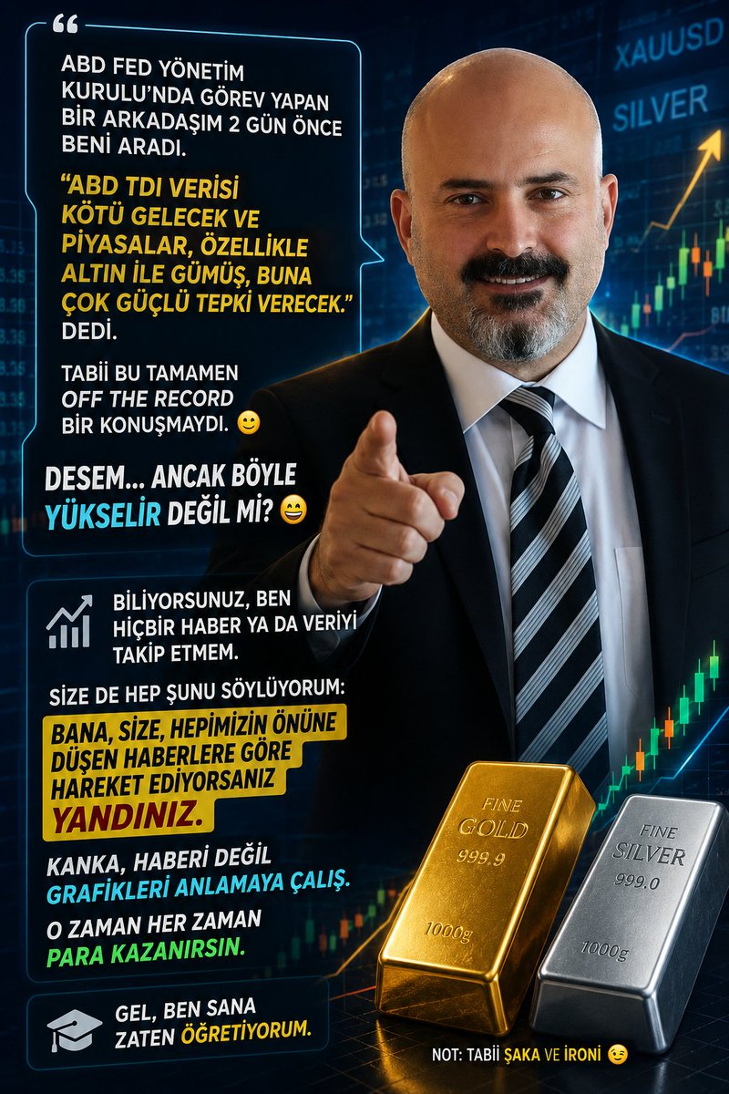 HalilRecber's tweet photo. "ABD FED Yönetim Kurulu'nda görev yapan bir arkadaşım 2 gün önce beni aradı. 'ABD TDI verisi 57Bin civarı gibi kötü gelecek ve piyasalar, özellikle #onsaltın ile #gümüş, #bitcoin buna çok güçlü tepki verecek.' dedi. Tabii bu tamamen off the record bir konuşmaydı. Desem... Ancak böyle yükselir değil mi? 😄

Biliyorsunuz, ben hiçbir haber ya da veriyi takip etmem. Size de hep şunu söylüyorum: Bana, size, hepimizin önüne düşen haberlere göre hareket ediyorsanız yandınız. Kanka, haberi değil grafikleri anlamaya çalış. O zaman her zaman para kazanırsın. Gel, ben sana zaten öğretiyorum."
Büyük çöküşleri ve Büyük yükselişleri ''siyah Kuğuyu '' görmeyi severim.
TEMEL ANALZİ ''TEMEL MAGAZİN''
SAÇMALIKLARINDAN UZAK DUR KAYBETMEZSİN.

https://t.co/osPPUoz6gs