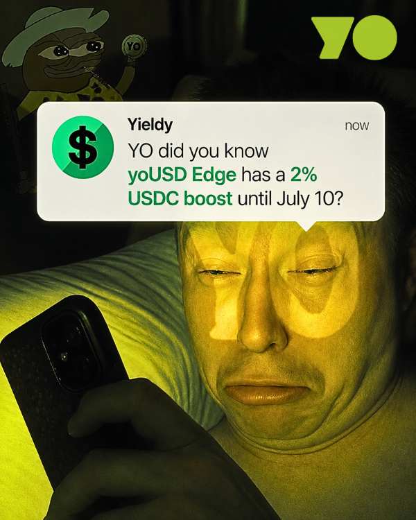 yield's tweet photo. *DING* 📱🔊

If you've been sleeping on yoUSD Edge, the 2% USDC boost running until July 10 is a decent reason to wake up.

Rise and earn. Yield waits for no one.
https://t.co/QTbzo8175q https://t.co/pA2NY9FNTJ