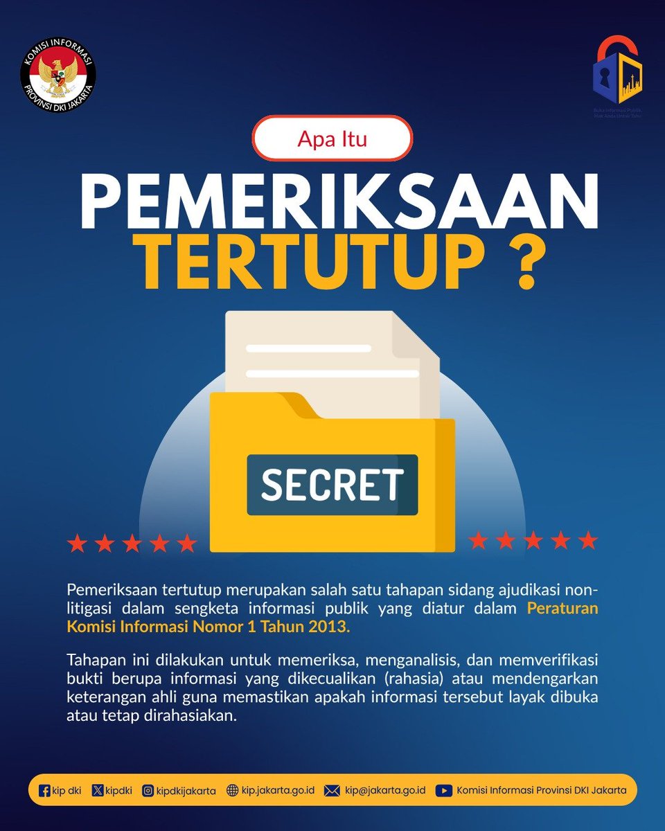 kipdki's tweet photo. Tidak semua proses sidang sengketa informasi dilakukan secara terbuka. Dalam kondisi tertentu, pemeriksaan tertutup diperlukan agar informasi yang diduga dikecualikan dapat dinilai secara objektif tanpa mengorbankan kerahasiaannya.

#KomisiInformasi #sengketainformasi https://t.co/ZpbvAX33gT