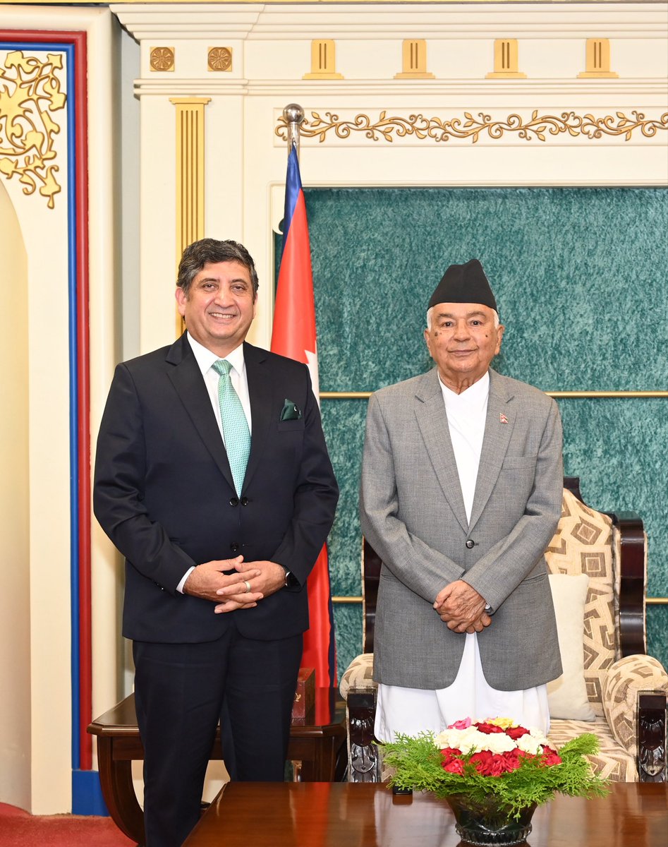abrarhashmi88's tweet photo. Honoured to have paid farewell call on Rt. Hon. Ramchandra Paudel, President of Nepal. Expressed profound gratitude to the President for the gracious support extended by the Govt. and people of Nepal, making my tenure both deeply fulfilling,  memorable and pleasant. 

Rt. Hon President conveyed his satisfaction at the enduring fraternal relations between the two nations, rooted in shared culture, mutual trust, and time-honoured understanding and lauded my role in bringing dynamism in the bil engagement.

Conveyed warm wishes from the @PresOfPakistan for his continued good health, and to the fraternal people of Nepal. Rt. Hon President warmly reciprocated his best wishes for the leadership, and the people of Pakistan for continued peace and prosperity.
@ForeignOfficePk @MofaNepal