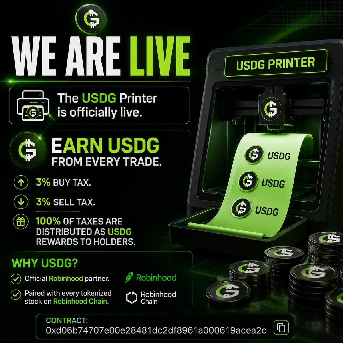 USDGPrinter's tweet photo. The USDG Printer is officially live.

Earn USDG from every trade.

• 3% buy / sell tax.
• 100% of taxes are distributed as USDG rewards to holders.

Contract:
0xd06b74707e00e28481dc2df8961a000619acea2c https://t.co/8wP6hKi5yC