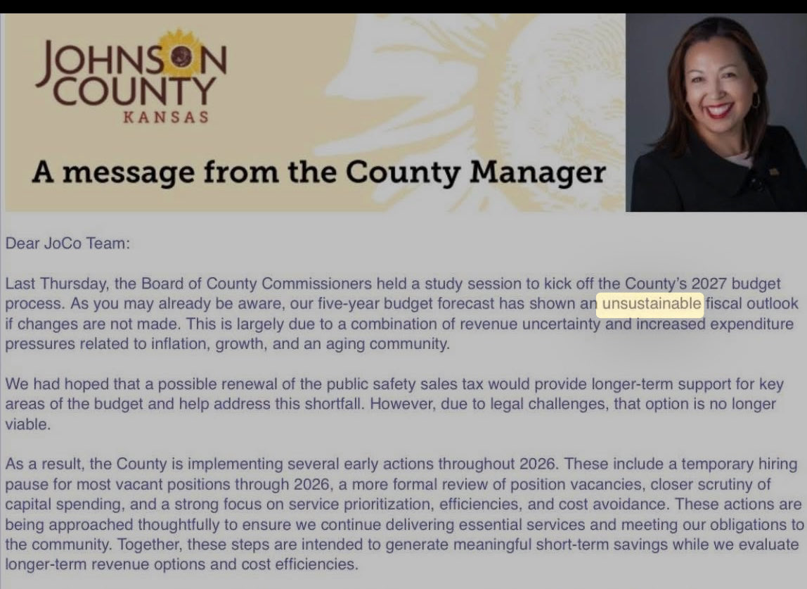 TruthToonsTim's tweet photo. JoCo Manager Penny Ferguson, who makes $400K, posted memo that current budget forecast is “unsustainable” under Chairman Mike Kelly’s leadership. Penny blames “revenue uncertainty.” https://t.co/vUBuaN0swN