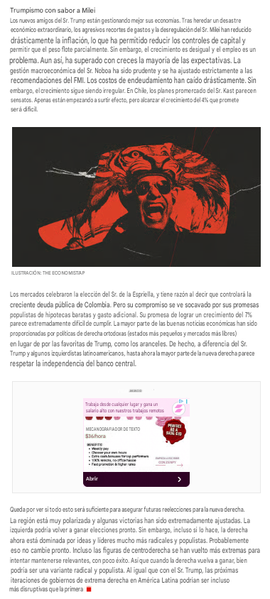 ecuainm_oficial's tweet photo. ‼️#URGENTE
The Economist reporta una dramática trumpificación en América Latina y señala que presidentes como Daniel Noboa imitan a Donald Trump. El artículo expone que el mandatario de Ecuador reforzó el rol del ejército ante una tasa de 51 homicidios en 2025 y que mantiene una gestión económica ajustada al FMI.