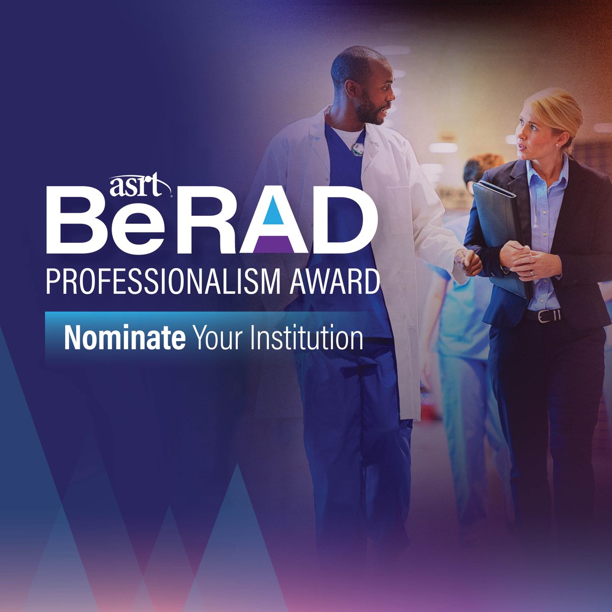ASRT's tweet photo. Applications are now open! The ASRT BeRAD Professionalism Award honors health campuses, imaging centers, hospitals, clinics and other facilities where medical imaging and radiation therapy professionals lead with excellence. If your team brings professionalism, purpose and pride to patient care, now’s the time to be recognized! Nominate your organization by Sept. 30. https://t.co/vCppFbpdBM