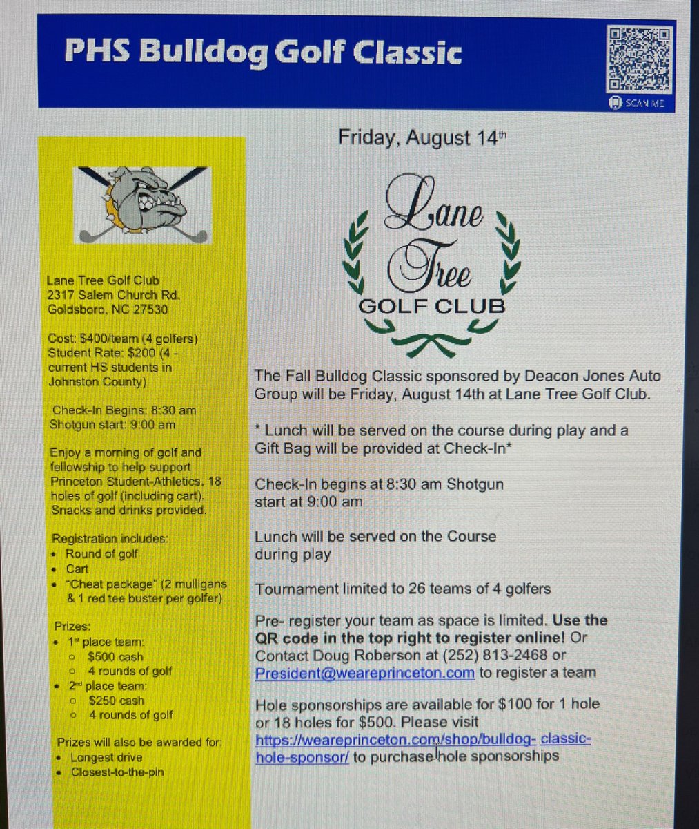 PBulldogBooster's tweet photo. Annual Fall Bulldog Classic is right around the corner on Aug 14th.

Cost: $400 per 4 person team 

Student rate is $200 per 4 person team 

Mixed teams are $100 per adult and $50 per student. 

Hole Sponsorships are available as well!!

https://t.co/CXZmgCQwjw https://t.co/q8AIRKqqnJ