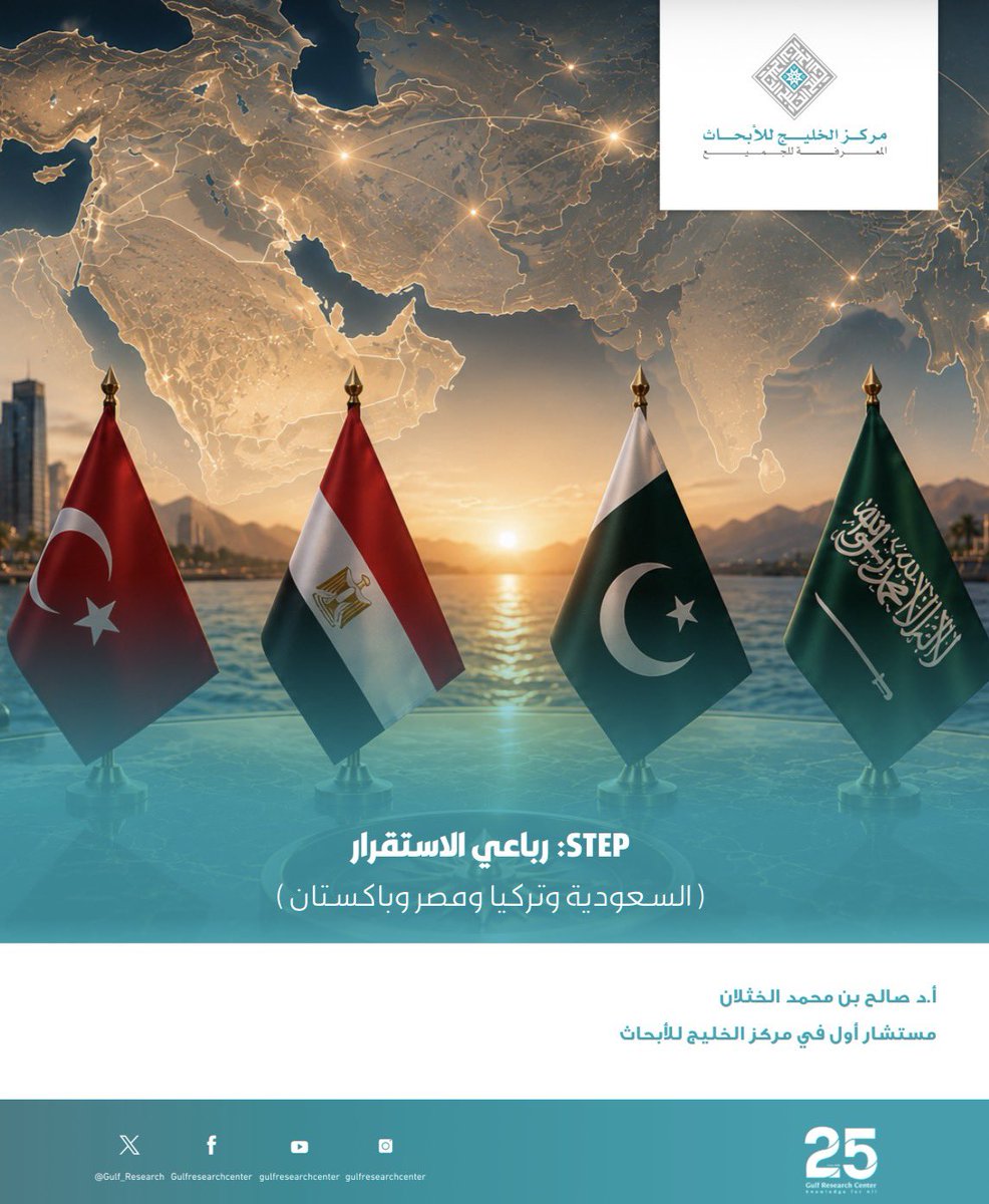 Gulf_Research's tweet photo. في مقال جديد، يقترح الأستاذ الدكتور صالح بن محمد الخثلان، المستشار الأول في مركز الخليج للأبحاث، إطلاق تسمية STEP على إطار التنسيق الذي يضم #المملكة_العربية_السعودية و #تركيا و #مصر و #باكستان، باعتباره "رباعي الاستقرار" في الشرق الأوسط. 

ويطرح المقال قراءة لدوافع هذا الإطار، ومقوماته، والتحديات التي قد تواجهه، ودوره المحتمل في دعم الاستقرار الإقليمي.

📃اقرأ المقال: https://t.co/vpLwzjCthX

 STEP ليس تحالفاً ولا تكتلاً مذهبياً، بل إطار مرن للتنسيق الاستراتيجي والتشاور بين أربع قوى إقليمية تمتلك مزيجاً من النفوذ السياسي والاقتصادي والعسكري والدبلوماسي. 
ويأتي ظهوره في ظل تصاعد الأزمات الإقليمية، وتراجع قدرة القوى الكبرى، وضعف فاعلية المؤسسات الدولية في إدارة أزمات المنطقة. 

ويشير المقال إلى أن أهمية STEP لا تقتصر على تقاطع المصالح الاستراتيجية، بل تمتد إلى بعد قيمي يتمثل في شعور هذه الدول بمسؤولية متزايدة تجاه استقرار المنطقة والعالم الإسلامي. 
ويؤكد أن هذا البعد لا يمكن اختزاله في تفسير مذهبي، بل يرتبط برؤية مشتركة تقوم على دعم الدولة الوطنية، والاستقرار الإقليمي، والحفاظ على النظام الإقليمي القائم.

يخلص المقال إلى أن نجاح STEP سيعتمد على قدرته على التحول من فكرة إلى إطار مؤسسي مستدام، قادر على تنسيق المواقف وإدارة الأزمات. 
كما يناقش التحديات التي قد تواجهه، وفي مقدمتها اختلاف أولويات الدول الأعضاء، وردود فعل بعض القوى الإقليمية والدولية، وكيفية التعاطي مع إيران، باعتبارها المتغير الأكثر حساسية في أي ترتيبات أمنية مستقبلية في المنطقة.