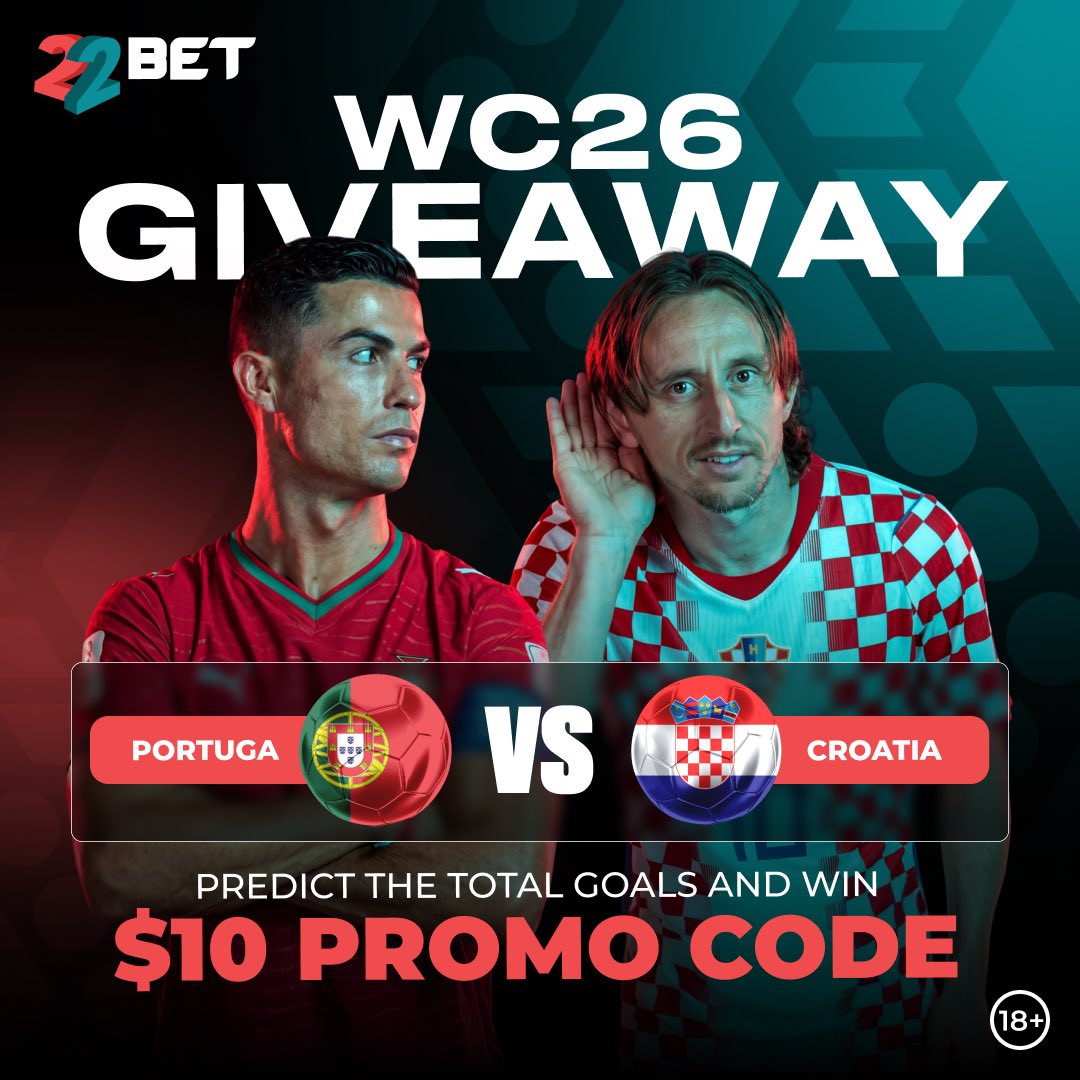 22bet_ke's tweet photo. Portugal 🆚 Croatia

Predict the total goals in this game and stand a chance to win a $10 Free Bet 🎁

To qualify:
 Follow our page
 Like &amp; Share this post
 Drop your score prediction below 👇🏾

*T&amp;C Apply https://t.co/PFzrHGZq4a