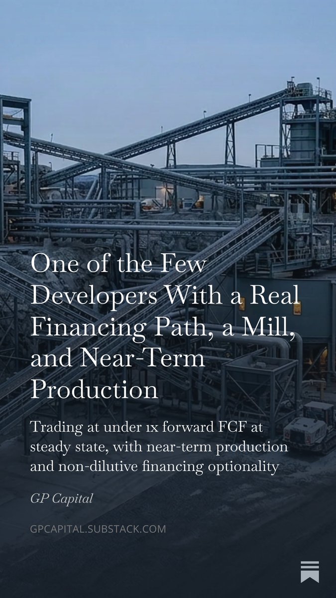 EligianResearch's tweet photo. New Report: High-grade developer with a clear path to cash flow

Just released a report on one of the very few developers I actually find compelling in this market. The setup stands out dramatically because it combines:

Non-Dilutive Pathway: A highly credible, non-dilutive route toward commercial production. 

Infrastructure Advantage: A 100%-owned mill, drastically lowering upfront capex. 

Tier-1 Jurisdiction: Located in a safe, mining-friendly region. 

Near-Term Production: A clear timeline to near-term cash generation.

Valuation: Once the asset reaches steady-state production, the stock will be trading at less than 1x FCF.

Strategic Growth Hub: Ownership of the mill opens up a massive long-term regional consolidation play, allowing them to potentially swallow up smaller nearby assets.

Bottom Line: Most junior developers can only ever offer one or two of these elements; this company delivers on all four. The fundamental valuation disconnect is massive. Full deep-dive report is now live for subscribers.

Read more here: 
https://t.co/oOfsSe0BWn