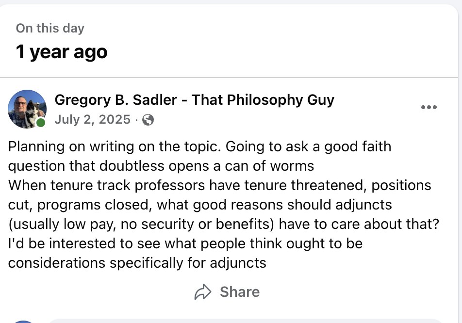 philosopher70's tweet photo. It was very interesting to see the responses I got, asking that question a year ago. A lot of them were from TT or tenured profs or from people outside academia. Very few seemed to understand what conditions tend to be like for adjuncts. Almost none had answers adjuncts might buy https://t.co/KdJFZ9S3wE