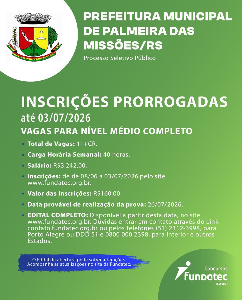 Fundatec's tweet photo. ⚠️ INSCRIÇÕES PRORROGADAS ⚠️

Processo Seletivo Público

Prefeitura Municipal de Palmeira das Missões/RS

📲 Confira o edital e inscreva-se: https://t.co/UXaBdMIG1a

#ProcessoSeletivo #PrefeituraMunicipal #PalmeiraDasMissões #RioGrandeDoSul #Fundatec https://t.co/s0uWkhA1Uz