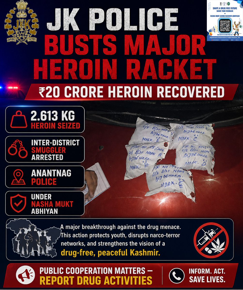 BadaltaSopore's tweet photo. A major blow to the drug menace! 👏 The recovery of a huge heroin consignment and the arrest of an inter-district smuggler mark a significant step in safeguarding our youth and strengthening the fight against narcotics.
#NashaMuktBharat #DrugFreeKashmir #SayNoToDrugs #YouthFirst https://t.co/twhuvkFmsW