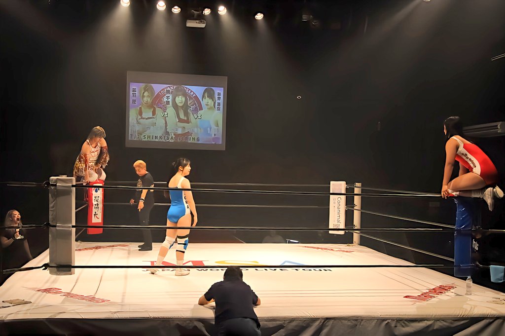 1973yeye's tweet photo. 7月2日 ＃マーベラスプロレス 新木場大会終了!!
マーベラスらしさを凄く感じる大会でした。
天羽瑠迦選手、出来るまで諦めない心がいい!!彩芽青空選手、めっちゃいい味だしてたー!!絵面がシュールすぎるが😂エチカ・ミヤビ選手とRIKO選手、よいタッグでした☻︎ボブボブモモバナナはやっぱり最高🍑🍌 https://t.co/1pOy69J4dw