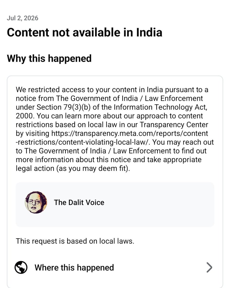 ambedkariteIND's tweet photo. The government of India has reportedly blocked our Facebook page in India, a platform that has consistently raised the voices of Dalits, oppressed communities and marginalized people. This is a deeply concerning and unfortunate development.

We invite your suggestions on what steps should be taken next. If any lawyers, legal experts, civil rights advocates, or digital rights organizations can offer guidance or assistance, please share your advice. 

Your support and solidarity are greatly appreciated. Jai Bhim ✊