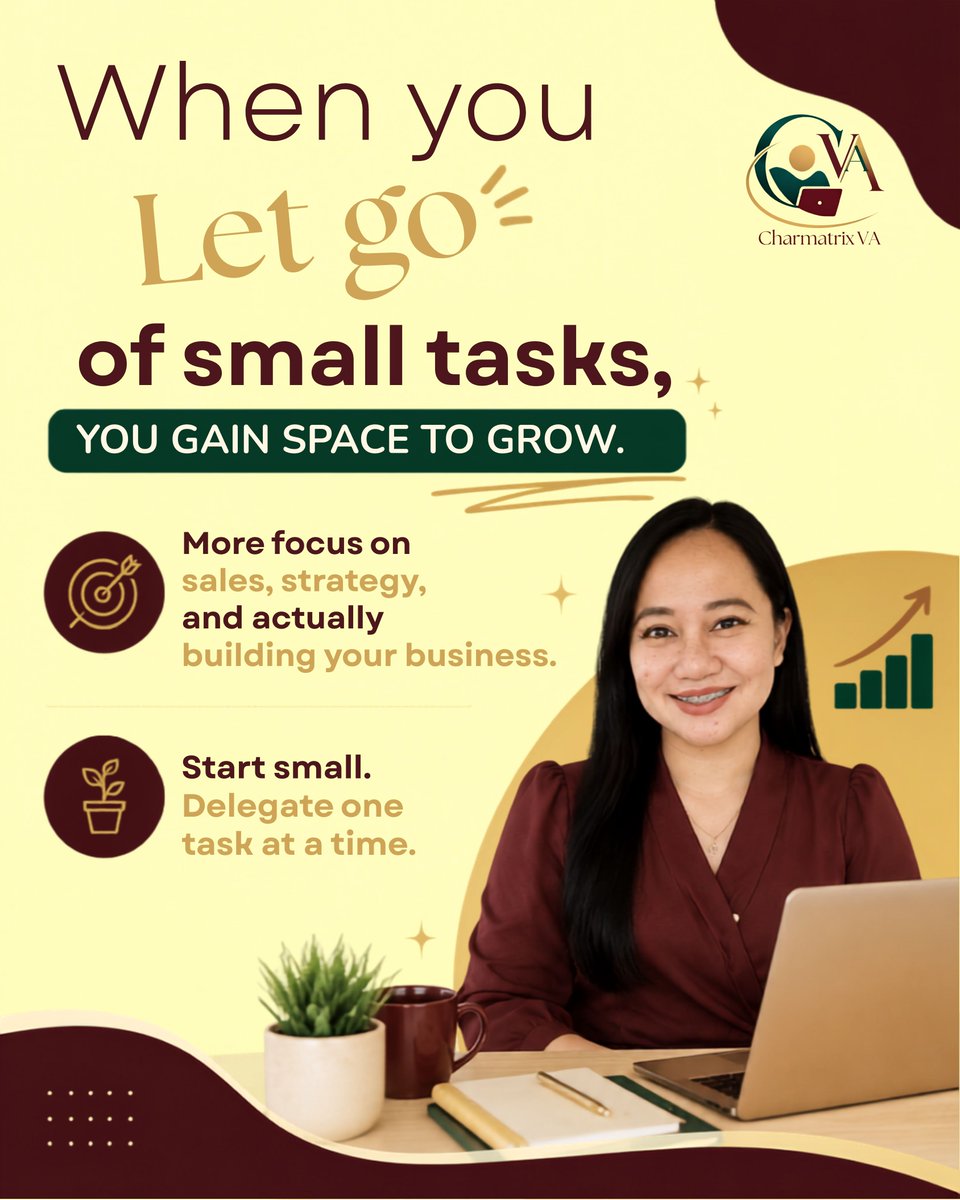 CharmatrixVA's tweet photo. You don’t need a big team to start delegating.
You just need to start trusting that your time is better spent on growth, not overload.

#CharmatrixVA
#SmallBusinessOwner
#BusinessGrowth
#DelegateTasks
#VirtualAssistant
#WorkSmarter https://t.co/NEPKSkScYW