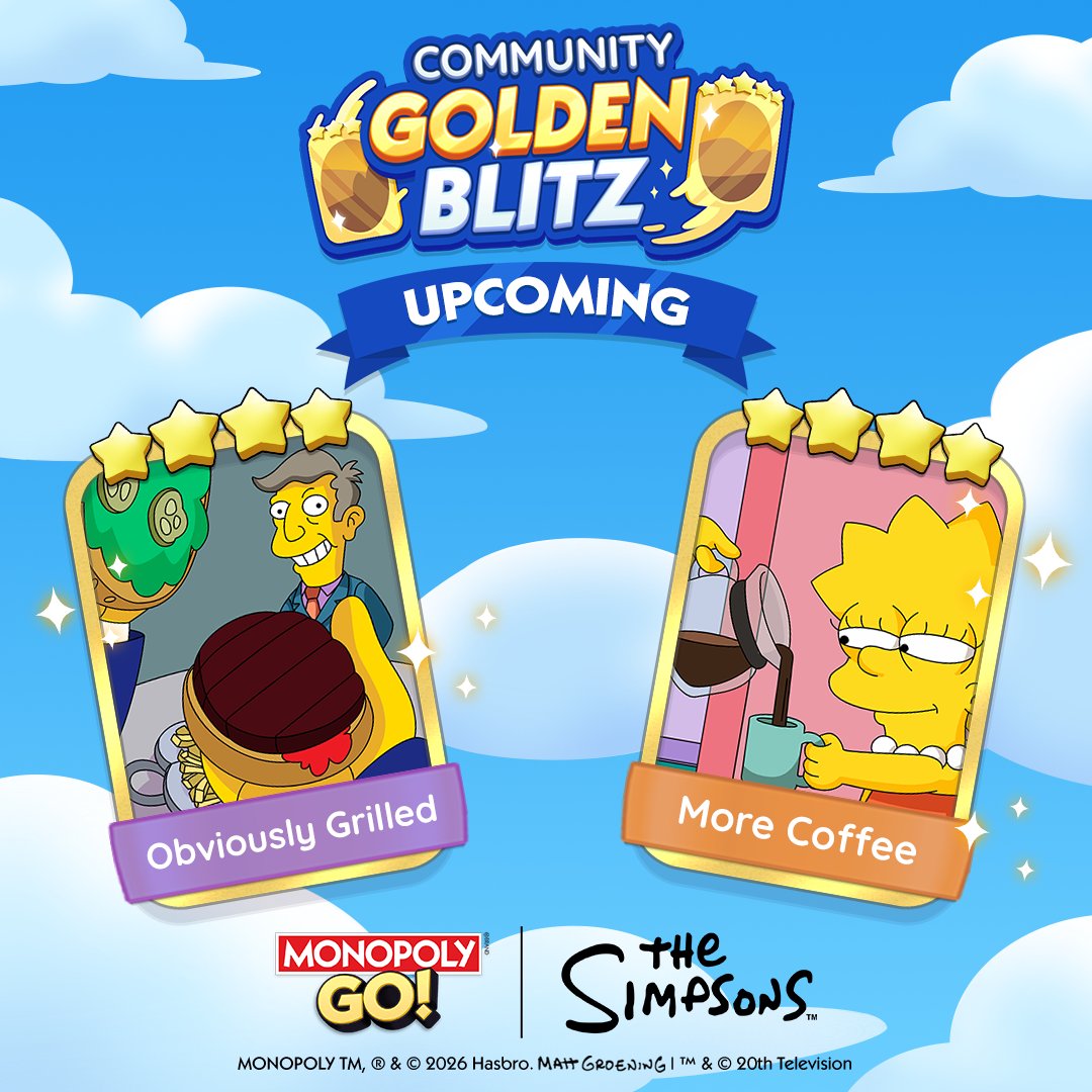 MonopolyGO's tweet photo. The wait is over, Tycoons! Your chosen Gold Stickers for the upcoming Community Golden Blitz are officially locked in:

Obviously Grilled from Set 15 &amp; More Coffee from Set 16

Prepare your trades and coordinate with fellow Tycoons in the comments below!👇
https://t.co/QZkA17mn6l https://t.co/Uv2cWTZyoi
