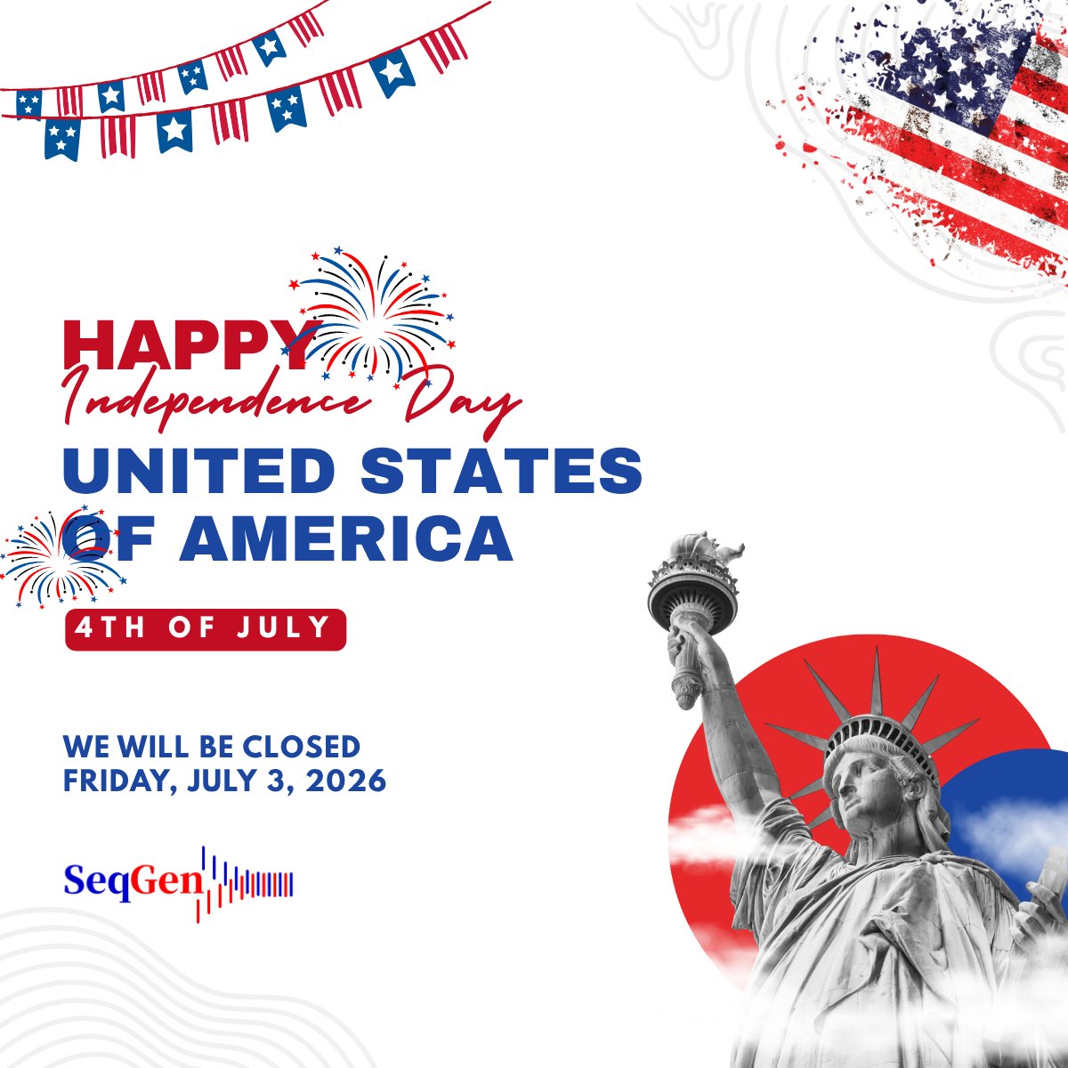 seqgen's tweet photo. We will be closed Friday, July 3, in observance of Independence Day. Normal business hours resume Monday, July 6.
Wishing you, your family, and your colleagues a safe and memorable Fourth of July. https://t.co/Fq2LrRaqzi