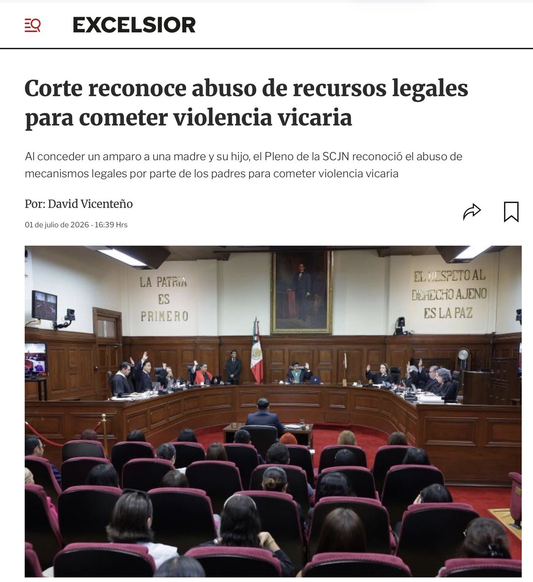 JoseMarioMX's tweet photo. Una madre denuncia violencia familiar. El juez le da la razón: hay violencia psicológica contra su propio hijo. Ahí debería acabar la historia. No acaba. El papá se ampara contra esa resolución. Pierde otra vez —el tribunal colegiado confirma que sí, que hubo violencia vicaria, que usó el sistema de justicia como arma para no soltar a la madre ni al hijo. ¿Y entonces qué hace? Se va hasta la @SCJN a pedir que le declaren inconstitucional la norma que nombra exactamente lo que él estaba haciendo. Así llegó este caso al Pleno, ayer, por unanimidad.

Lo que resolvió no es un matiz técnico. Dice que el hijo no es daño colateral de la guerra entre sus papás, es víctima con derecho propio, y el juez tiene que probarlo, no darlo por hecho. Dice que cuando alguien litiga la misma pelea en lo civil y en lo penal buscando que le salgan sentencias contradictorias, el juez ya no puede analizar cada expediente por separado como si no supiera del otro. Y ordena algo que llevaba años en la ley sin usarse en serio: si hay conflicto de intereses, al adolescente se le pone un representante propio, distinto al de sus papás, y su opinión se escucha sin que nadie a su alrededor se la sople.

Mientras tanto, organizaciones que llevan estos casos hablan de miles de infancias metidas en litigios así, y de que casi 9 de cada 10 de esas madres además cargan con una denuncia penal que les puso su propio agresor. La Corte ya hizo su parte, dos veces. Falta que el Congreso haga la suya.

https://t.co/wl9FGh3Nlf