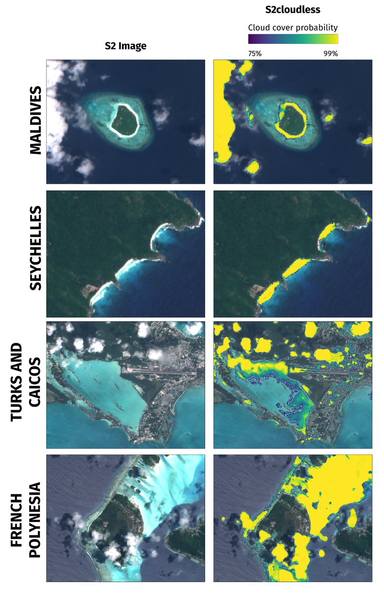 NashwanMatheen's tweet photo. One of the widely used #cloudmasking algorithms identifies white #sandy #beaches of #islands as high-probability #clouds.
This is one demonstration of the challenges in applying #remotesensing techniques which are considered reliable elsewhere, on island settings. https://t.co/i3SMWDZkgn