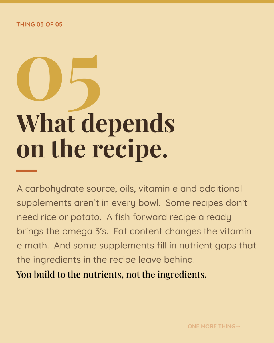 KellyGGibbons's tweet photo. What depends on the recipe. Carb source, oils for omega 3s and 6s, vitamin E, supplements. Not every bowl needs all of them. A fish forward meal already brings the omega 3s, so the math changes. https://t.co/Uqw334Clcw