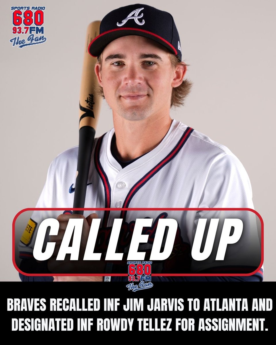680TheFan's tweet photo. NEWS: The Braves have recalled INF Jim Jarvis to Atlanta.

To make room on the roster, Rowdy Tellez has been designated for assignment. https://t.co/1QqlVKKhOT