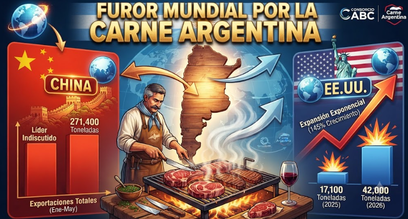 TraductorTeAma's tweet photo. 🇦🇷🥩| Crecimiento récord en las exportaciones de carne vacuna.

Se exportaron 271.400 toneladas de carne vacuna (refrigerada y congelada), generando USD 1833 millones.
Esto representa una suba del 8% en volumen y un notable incremento del 44,7% en la facturación interanual.

El mercado estadounidense se convirtió en la gran sorpresa al registrar un crecimiento exponencial del 145% en volumen. Las ventas pasaron de 17.100 toneladas (en el mismo periodo de 2025) a 42.000 toneladas este año, impulsadas principalmente por el nuevo Acuerdo de Comercio e Inversión Recíproco.

China se mantiene firme como el principal destino de las exportaciones argentinas.