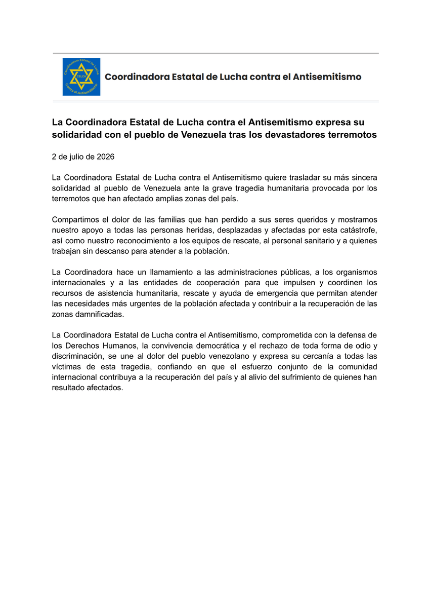 antisemiti52979's tweet photo. La Coordinadora Estatal de Lucha contra el Antisemitismo quiere trasladar su más sincera solidaridad al pueblo de Venezuela ante la grave tragedia humanitaria provocada por los terremotos que han afectado amplias zonas del país. #VenezuelaNoEstáSola #VenezuelaEstaDeLuto https://t.co/Pf6jh8bgWX