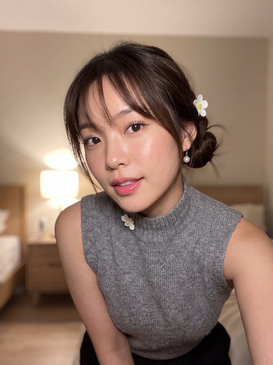 saniaspeaks_'s tweet photo. Nano banana 2 on Gemini app.

Prompt:
Photorealistic smartphone selfie of a beautiful young East Asian woman with fair porcelain skin, a messy low bun, wispy bangs, and a small white flower hair clip. She wears pearl drop earrings and a gray knitted sleeveless high-neck sweater with a small flower detail at the collar. Soft Korean makeup, rosy cheeks, and glossy lips. Cozy modern bedroom background with warm ambient lighting and a glowing lamp behind her. Slightly low-angle selfie perspective, soft background blur, natural iPhone camera aesthetic, candid handheld snapshot, realistic skin texture, ultra-realistic, vertical 3:4.