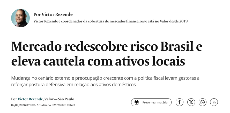 opapoeconomico's tweet photo. Kinea, Occam e Ibiuna estão virando a mão nos ativos brasileiros. As três gestoras publicaram cartas adotando cautela com o Brasil

A Kinea resume: o Brasil sobe juros mas não consegue cortá-los de volta. O que parecia taxa emergencial começa a parecer nova taxa de equilíbrio. Fiscal expansionista, orçamento rígido, crédito esticado, inflação de serviços resistente

A Occam tá tomada em juros. Aposta que as taxas sobem mais

A Ibiuna, dos ex-diretores do BC Torós e Azevedo, diz que o impulso fiscal reduziu a potência do aperto monetário e recomenda cautela além do horizonte tático

NTN-B 2050 pagando 7,69% de juro real. Curva inteira na casa dos 14%. Dólar a R$ 5,21

Quando Kinea, Occam e Ibiuna falam a mesma coisa ao mesmo tempo, o mercado escuta