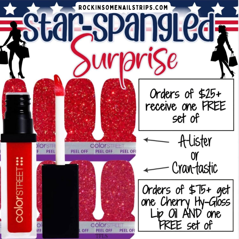 RockinSomeStrip's tweet photo. 🇺🇸 Star-Spangled Surprise is HERE! 🇺🇸✨ 
Who doesn't love FREE goodies?! 😍🎁 
🍒 It's the perfect excuse to stock up on your favorites! 
--> https://t.co/gff7w1WeCb

#ColorStreet #NailObsession #NoDryTime #SalonLookAtHome #PolishStrips #NailInspo #ManiMadeEasy #LipGlossOil https://t.co/X6ychHGuuS