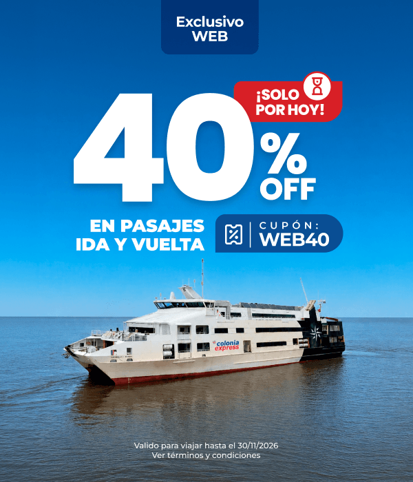 AhorrandoAndoAr's tweet photo. Colonia Express

Hoy hay 40% OFF en pasajes ida y vuelta en @coloniaexpress usando el código: WEB40

Válido para viajar hasta el 30/11/2026. 

Esta promoción no es acumulable con otras promociones vigentes y no aplica para pasajes ida y vuelta el mismo día.

Más info:
https://t.co/OwCH1zDLkr