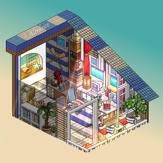 Coalesce37's tweet photo. Study Room 🌊🖥️⛱️
Nautical Getaway Series 1/4

Built on @habboxfrance 
#retrobuilds https://t.co/sW6z148yW0