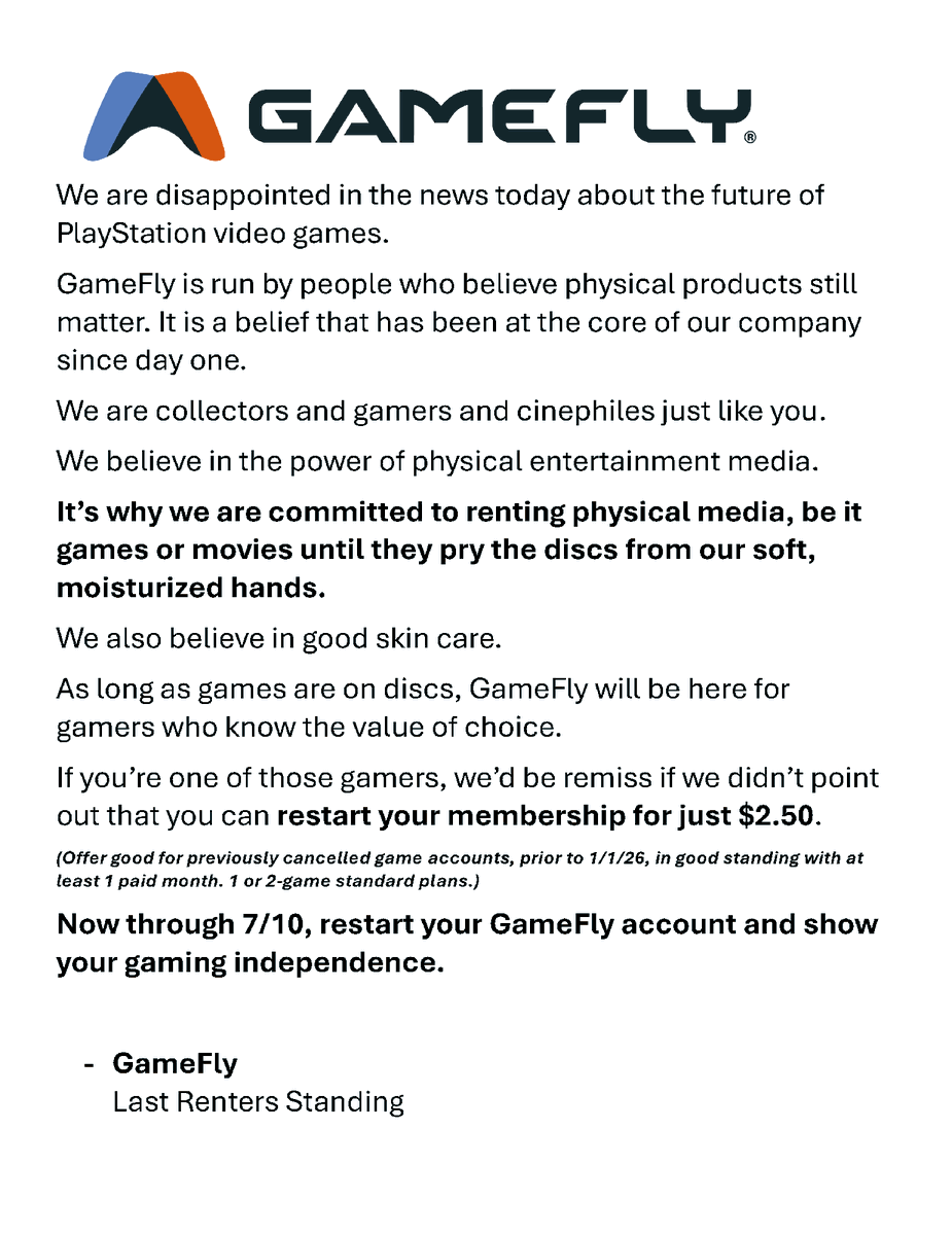 thehdroom's tweet photo. Bravo, GameFly https://t.co/1VpfB0n0xC