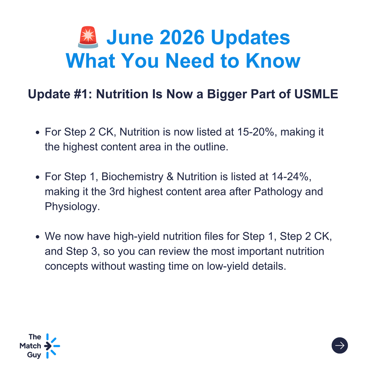 malkeasaad's tweet photo. MASSIVE June 2026 USMLE & Match Updates! 🚨📉

If you are prepping for the USMLE or applying for the 2027 Match, there are huge changes you need to adapt to immediately. Swipe through our latest breakdown to make sure your study plan is up to date! 👉

Here is the quick summary of what you need to know:

Nutrition is King: For Step 2 CK, Nutrition is now listed at 15-20%, making it the highest content area in the outline. For Step 1, Biochemistry & Nutrition is the 3rd highest area at 14-24%.

2028 Testing Dates: Starting in 2028, the on-demand testing model is ending. Across Step 1, Step 2 CK, and Step 3, exams will only be offered on a total of 45 testing days each year.

New Free 120s: USMLE updated the Free 120s for Step 1 and Step 2 CK, and the Free 137 for Step 3. We have you covered with new explanations for these: https://t.co/1B9nuGfX8G

Shorter Blocks: The new testing software is active, featuring 14 blocks for Step 1 and 16 blocks for Step 2 CK. Each block has up to 20 questions, though the total exam length did not change.

ERAS Tokens are Open: IMGs can now get their ERAS 2027 Token through ECFMG's MyIntealth portal. Make sure you are ready before programs begin reviewing applications on September 23, 2026.

Save this post to reference these dates and updates later! 📌👇

🚀 If you want to try our one-on-one USMLE tutoring, it's completely risk-free. You start with a demo session with an actual tutor without paying a penny, and if you like it, you can commit to a package.
👉 https://t.co/WxZ3TtzV4d
.
Need help with MATCH?
Explore our Match Application Packages and schedule a Free consultation call with our customer support team to see how we can help you!
https://t.co/HIXPEfDmoK
.
.
#USMLE #Step1 #Step2CK #Step3 #Match2027 #MedicalEducation #Nutrition #ERASTokens #ExamPrep #FutureDoctors #MedSchool #StudyTips