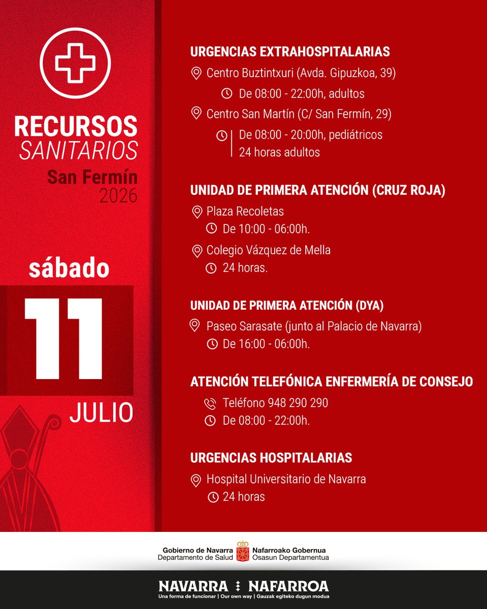 gob_na's tweet photo. 🔻 Estos son los recursos sanitarios disponibles hoy, 11 de julio

🔻 Hauek dira gaur, uztailak 11, erabilgarri dauden osasun baliabideak

🔻 These are the health resources available today, July 11

#Sanfermines2026 #sanferminak2026

@salud_na
@DYANavarra
@CruzRojaNavarra https://t.co/0QFevx5OQd