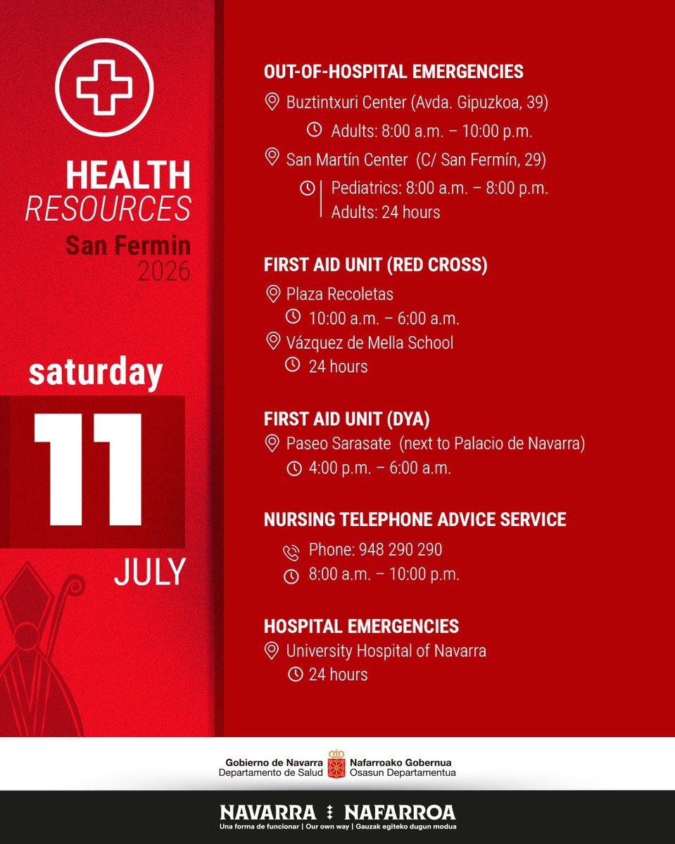 gob_na's tweet photo. 🔻 Estos son los recursos sanitarios disponibles hoy, 11 de julio

🔻 Hauek dira gaur, uztailak 11, erabilgarri dauden osasun baliabideak

🔻 These are the health resources available today, July 11

#Sanfermines2026 #sanferminak2026

@salud_na
@DYANavarra
@CruzRojaNavarra https://t.co/0QFevx5OQd