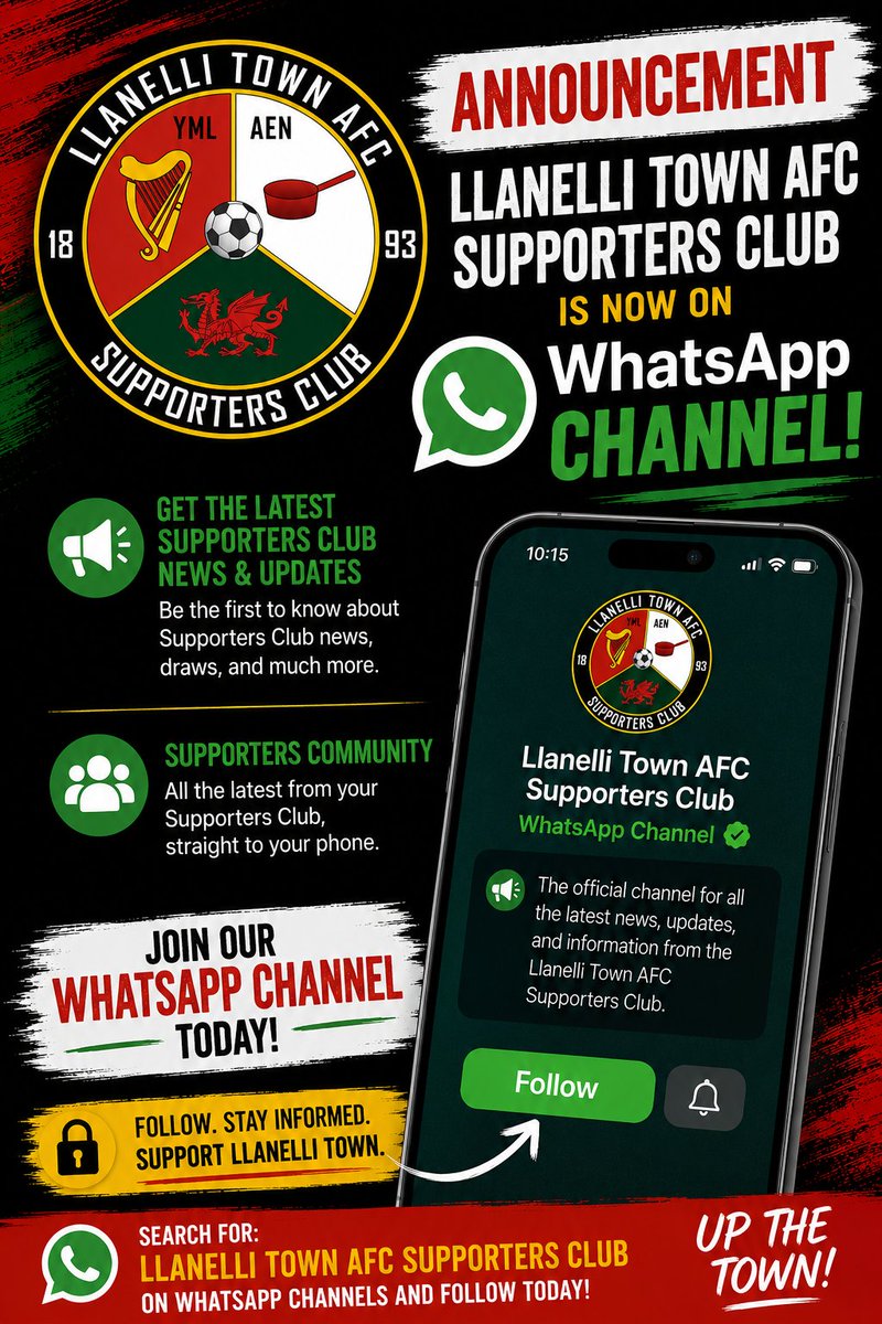 LlanredsSC's tweet photo. Welcome to the Llanelli Town AFC Supporters Club WhatsApp channel! 

Here you will find the latest announcements from the Supporters club! Regarding Draws and anything else .Please click the link to join  the what's app channel many thanks. 
https://t.co/0NHPs1zDtw https://t.co/mcvmRjscfV