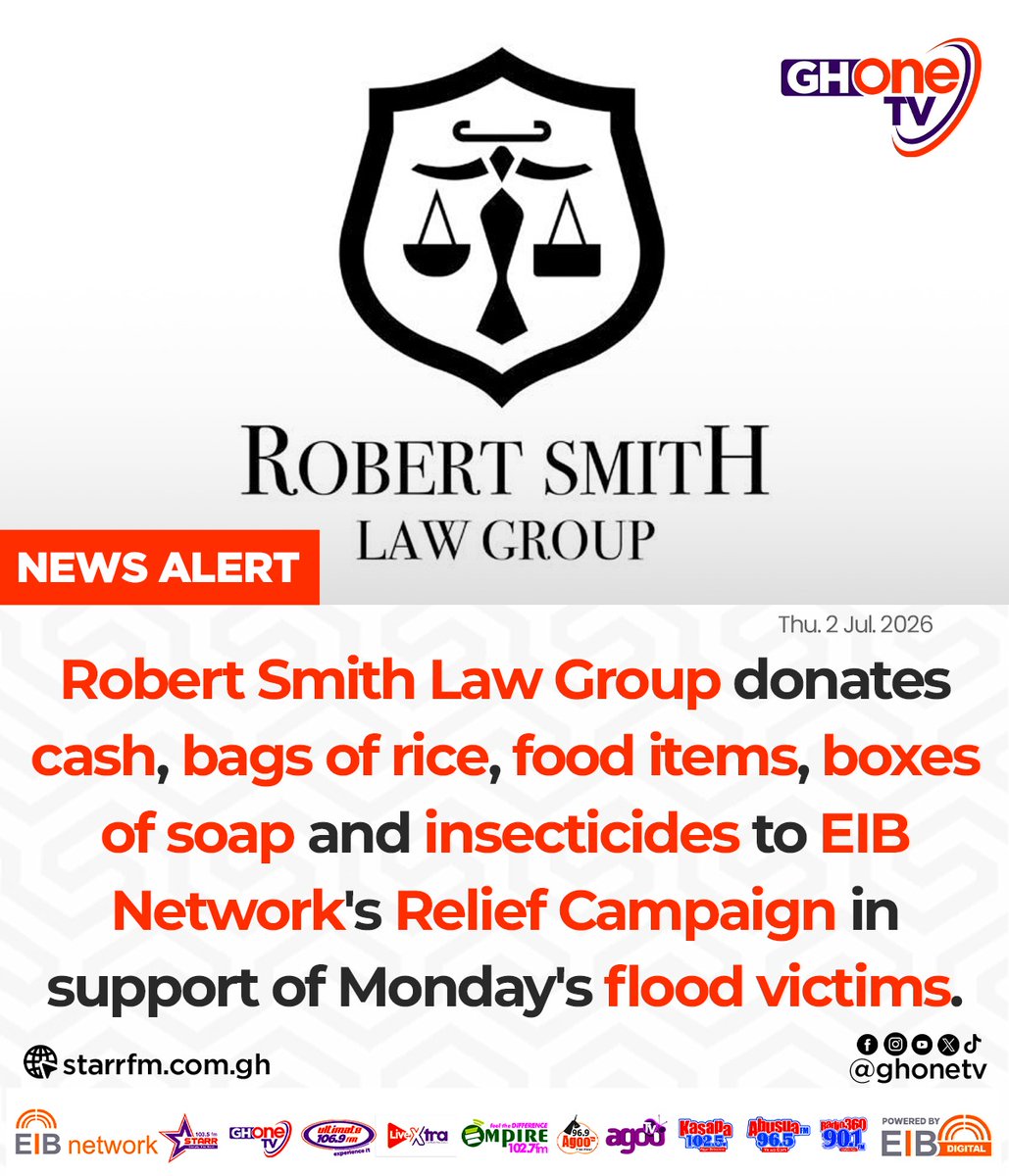 ghonetv's tweet photo. Robert Smith Law Group donates cash, bags of rice, food items, boxes of soap and insecticides to EIB Network's Relief Campaign in support of Monday's flood victims...

#GHOneNews #EIBNetwork
#GHOneTV #NewsAlert https://t.co/M9oqHo5eFb
