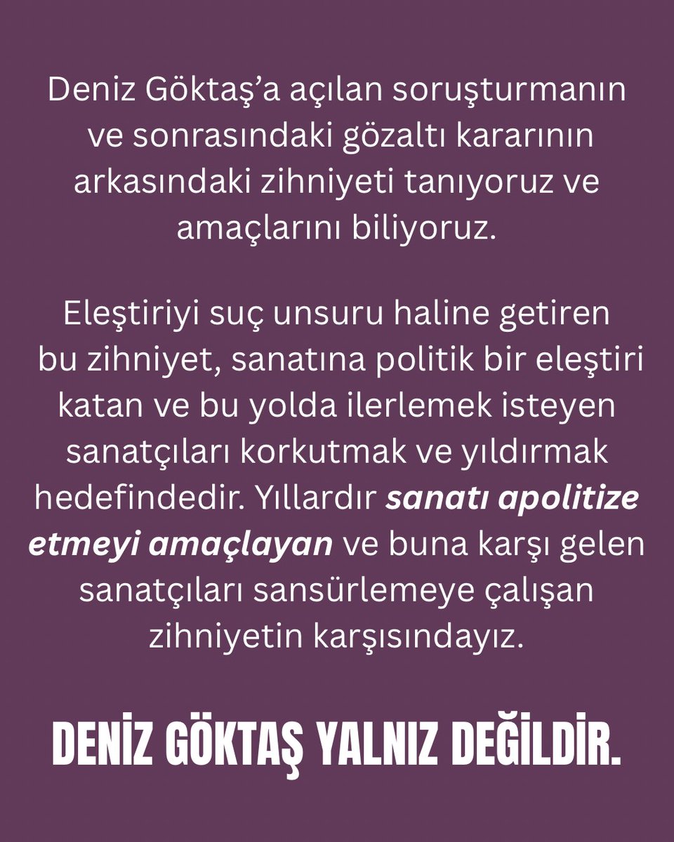Ugt_Odtu's tweet photo. DENİZ GÖKTAŞ’IN YANINDAYIZ!

SANAT APOLİTİKLEŞTİRİLEMEZ! https://t.co/qRCxGJHAsO