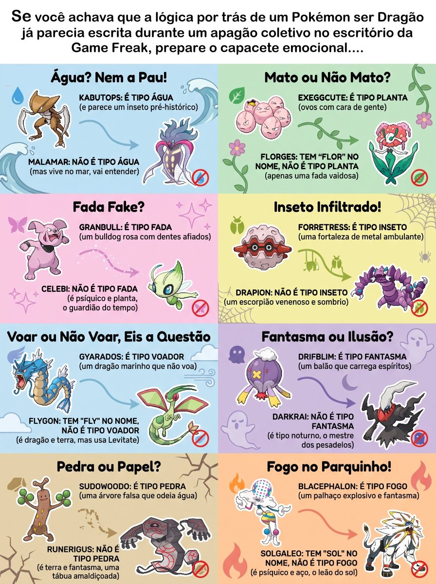 silicobrasil's tweet photo. A lógica dos tipos Pokémon é um surto oficial:
#Kabutops água, #Malamar não. #Exeggcute planta, #Florges não. #Granbull fada, #Celebi não. #Forretress inseto, #Drapion não. #Gyarados voador, #Flygon não. #Drifblim fantasma, #Darkrai não. #Sudowoodo pedra, #Runerigus não. #Blacephalon fogo, #Solgaleo não. 🤡