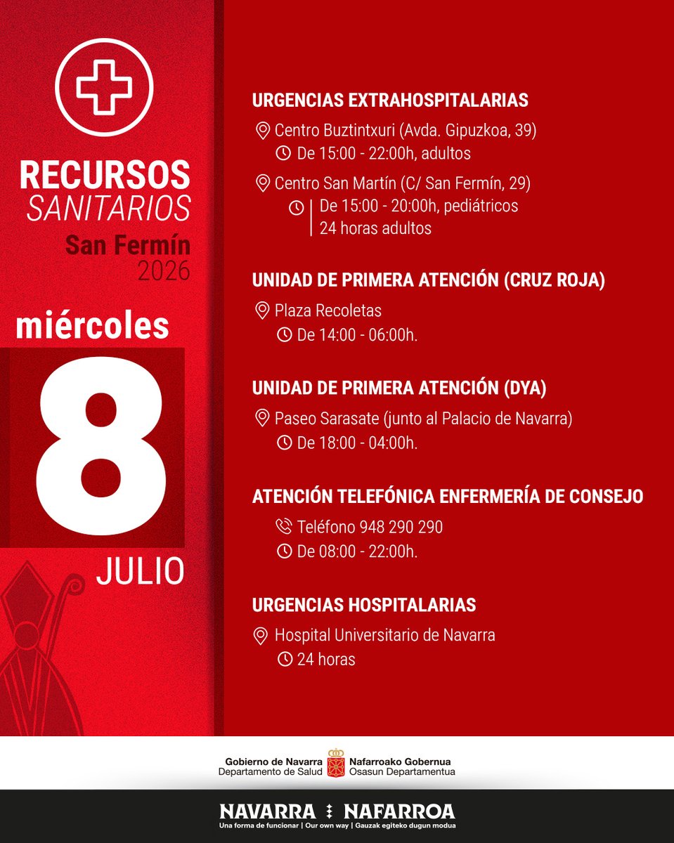 gob_na's tweet photo. 🔻 Estos son los recursos sanitarios disponibles hoy, 8 de julio

🔻 Hauek dira gaur, uztailak 8, erabilgarri dauden osasun baliabideak

🔻 These are the health resources available today, July 8

#Sanfermines2026 #sanferminak2026

@salud_na
@DYANavarra
@CruzRojaNavarra https://t.co/yz261lfglm