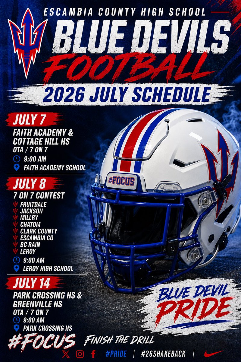 ECBlueDevilFB's tweet photo. Blue Devils sharpening Iron All July‼️

🔥 The grind continues! 🔥

The Blue Devils are back on the road this July as we compete, learn, and prepare for the 2026 season.

#FOCUS #BlueDevilPride #26ShakeBack #FinishTheDrill #WeAreECHS #BlueDevilsFootball https://t.co/OzNnXN8dmI