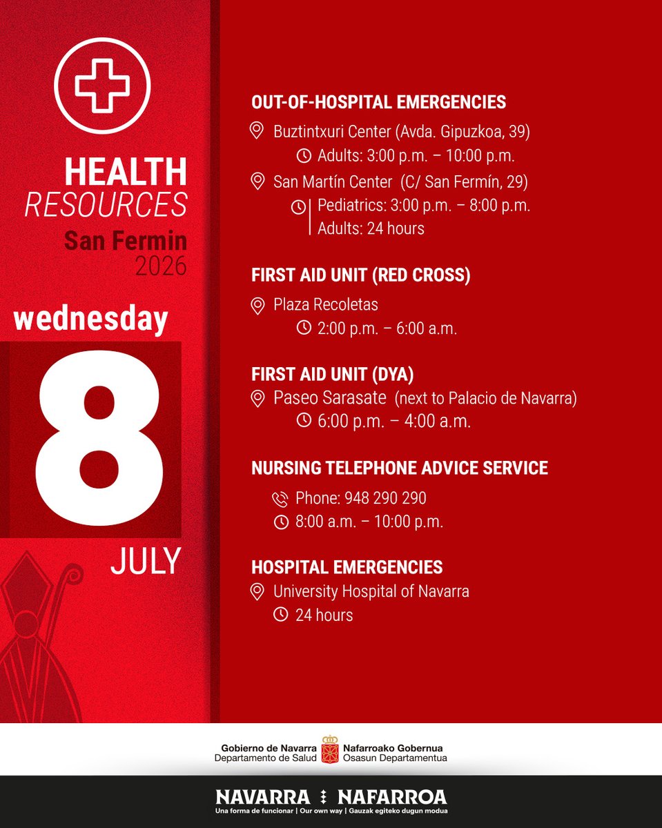 gob_na's tweet photo. 🔻 Estos son los recursos sanitarios disponibles hoy, 8 de julio

🔻 Hauek dira gaur, uztailak 8, erabilgarri dauden osasun baliabideak

🔻 These are the health resources available today, July 8

#Sanfermines2026 #sanferminak2026

@salud_na
@DYANavarra
@CruzRojaNavarra https://t.co/yz261lfglm