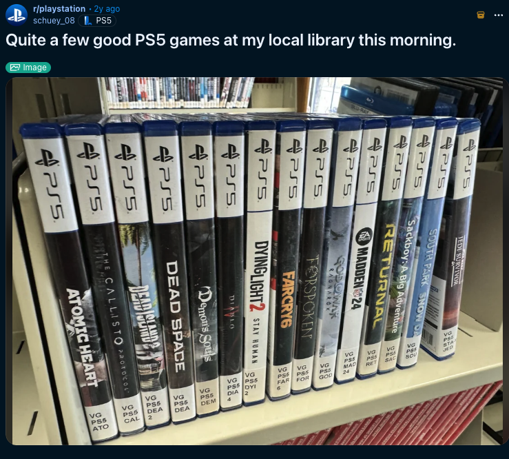 CoreyOnline's tweet photo. One more consideration re: cutting discs.

Many public libraries offer VIDEO GAMES alongside books, movies, CDs, manga, even vinyl!

No more discs cuts games out of libraries.

Games want to be taken seriously as an art form and then refuse to behave like a serious art form. https://t.co/bUlegjZtk1