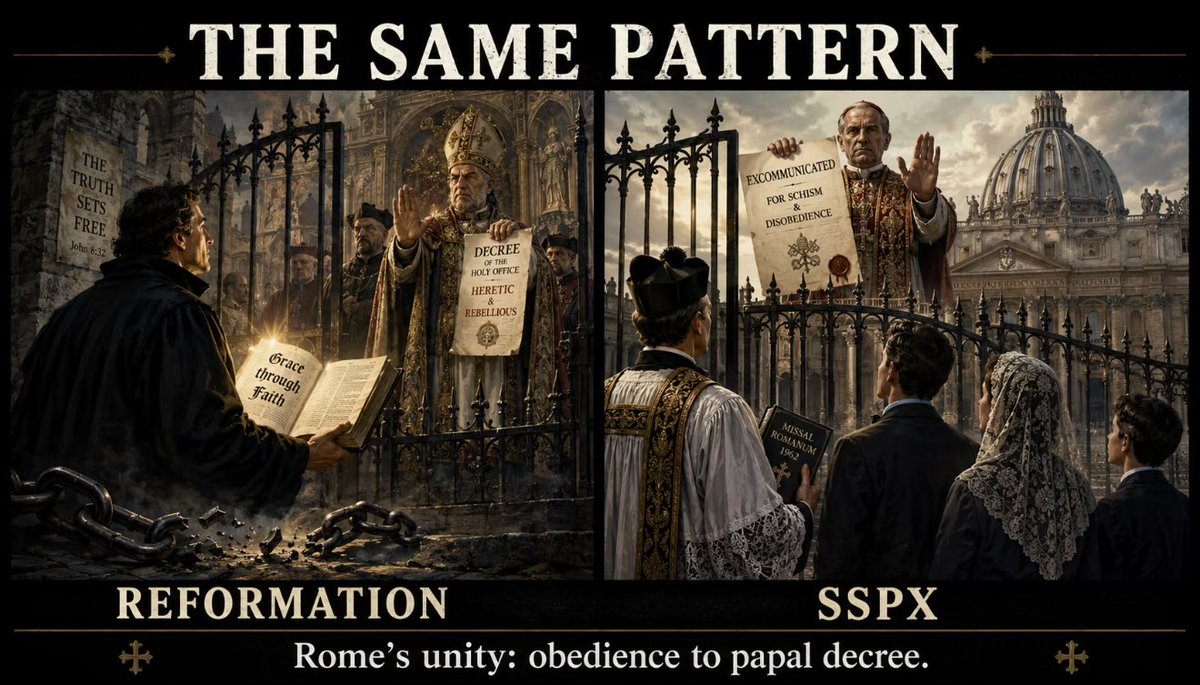 rickbrennanjr's tweet photo. The only thing that functionally makes the Roman Catholic Church “one” is submission to the juridical authority of the pope. Today’s excommunication of SSPX clergy and lay faithful exposes that reality. 

Here we have devout Catholics who sincerely believe they are preserving the tradition Rome for centuries demanded obedience to, yet when they persist in such devotion against papal decree, they are treated as schismatics. That is how Rome views unity: not unity of apostolic truth, but a unity of institutional obedience.

And in that sense, this is a picture of what happened five hundred years ago. The Reformers were not innovators trying to invent a new church. They were seeking to recover the ancient gospel after centuries of ecclesiastical accretions, sacerdotalism, and sacramental machinery had obscured the simplicity of salvation by grace through faith in Christ.