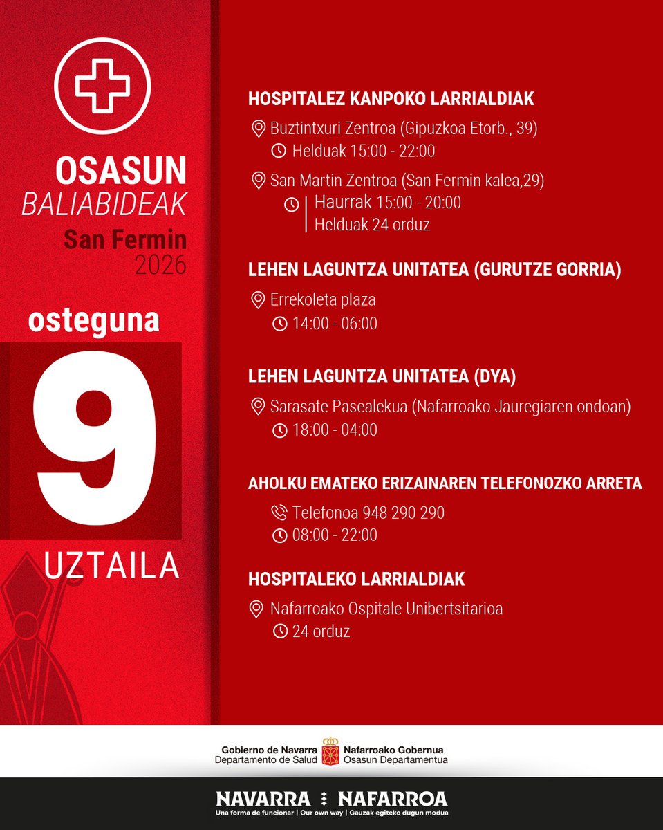 gob_na's tweet photo. 🔻 Estos son los recursos sanitarios disponibles hoy, 9 de julio

🔻 Hauek dira gaur, uztailak 9, erabilgarri dauden osasun baliabideak

🔻 These are the health resources available today, July 9

#Sanfermines2026 #sanferminak2026

@salud_na
@DYANavarra
@CruzRojaNavarra https://t.co/y2S7YdYVIX