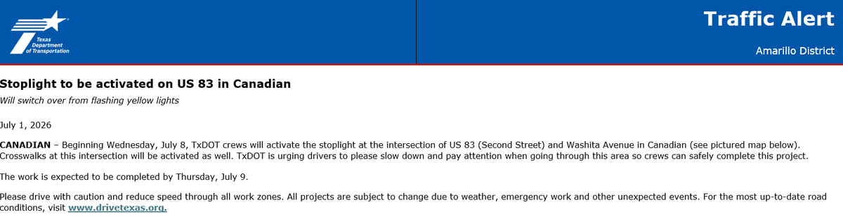 TxDOTAmarillo's tweet photo. STOPLIGHT TO BE ACTIVATED ON US 83 IN CANADIAN 
Will switch over from flashing yellow lights https://t.co/jcRvH0Se7W