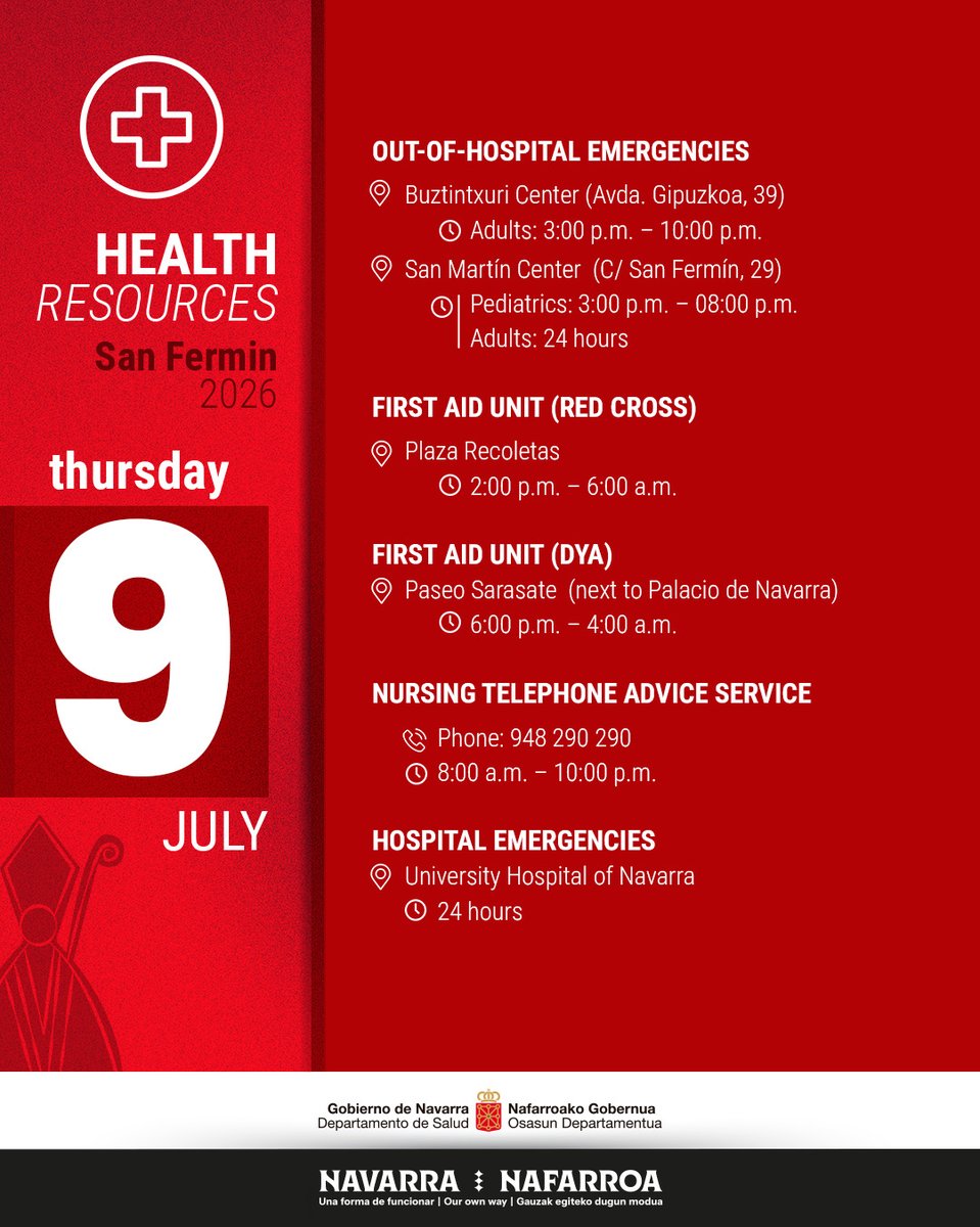 gob_na's tweet photo. 🔻 Estos son los recursos sanitarios disponibles hoy, 9 de julio

🔻 Hauek dira gaur, uztailak 9, erabilgarri dauden osasun baliabideak

🔻 These are the health resources available today, July 9

#Sanfermines2026 #sanferminak2026

@salud_na
@DYANavarra
@CruzRojaNavarra https://t.co/y2S7YdYVIX